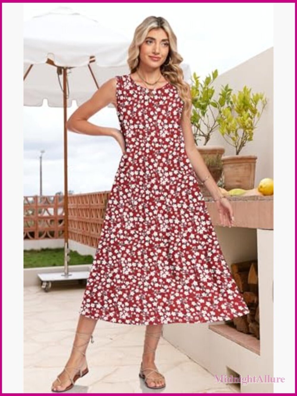 Womens Summer Midi Casual Dress with Pockets Sleeveless Crewneck Sundress - Picture 5 of 7